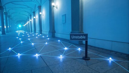 Glowing network of lights on a tiled floor beneath architectural columns with an "Unstable" sign