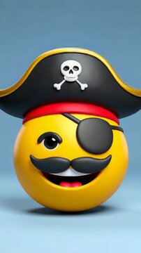 Funny yellow emoji wearing a pirate hat with skull and crossbones smiling with a black eye patch and mustache on blue background