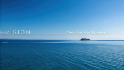 Calm blue ocean meets a clear sky divided by a straight horizon line with a distant island