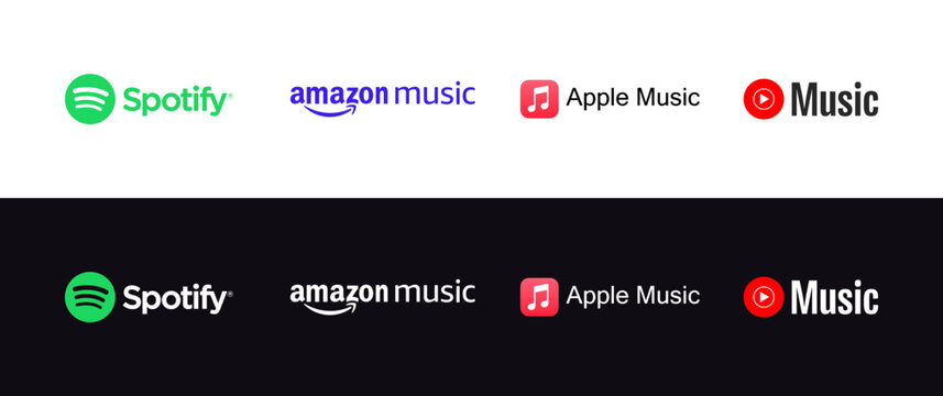 Popular music streaming servise company logo set. Amazon music, apple music, youtube music, spotify.