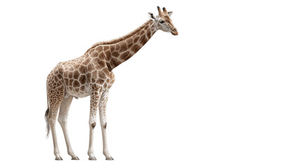 Fototapeta premium A majestic adult giraffe standing gracefully against a plain background, showcasing its distinctive spotted coat on a transparent background.