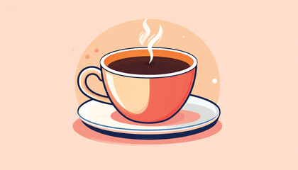 Obraz premium A steaming cup of coffee on a saucer, simple illustration.