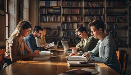 A group of focused young adults diligently studying at wooden tables in a well stocked university library