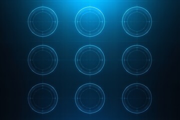 A futuristic digital illustration of nine glowing blue circles on a dark background