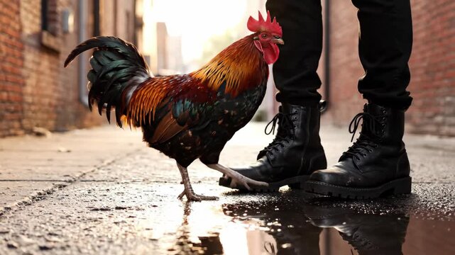 Welsummer Rooster Walking Past Black Boots on Wet Pavement