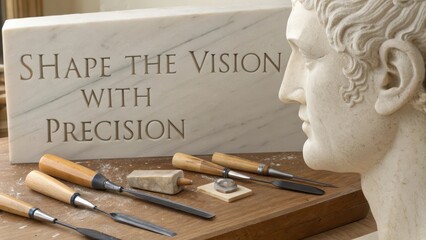 Sculptor's tools arranged near a marble bust and inscribed stone ready for precise carving