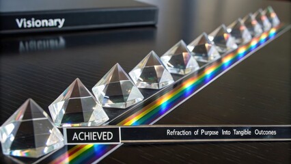 Seven precisely cut clear crystal prisms aligned to demonstrate light refraction and the visible spectrum.