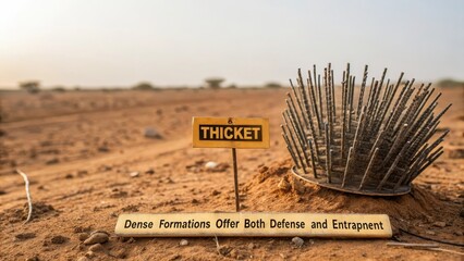 Sharp Metallic Spikes Form a Dense Bristling Thicket Field in a Dry Arid Landscape.