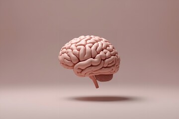 A 3D rendering of a human brain floating in mid-air against a soft pink background