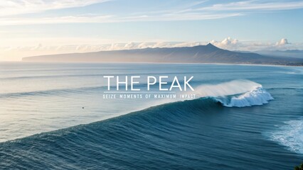 The Peak of a Majestic Ocean Wave in Expansive Seascape With Distant Mountain and Sky