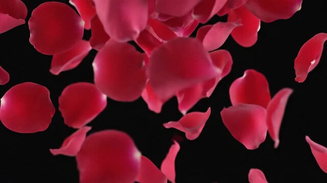 Delicate red rose petals cascading against a black background.