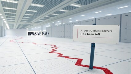 Red invasive mark on a digital floor with a warning sign