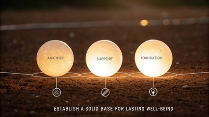 Three perfectly spaced luminous spheres labeled Anchor Support Foundation in alignment radiating soft glow on textured ground establishing a solid base for lasting wellbeing
