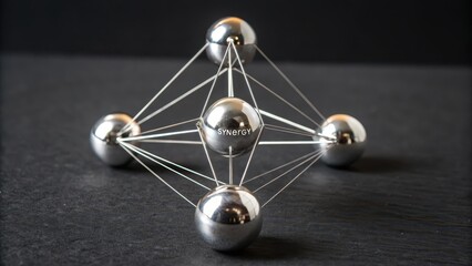Polished chrome spheres forming a connected geometric structure symbolizing synergy and teamwork