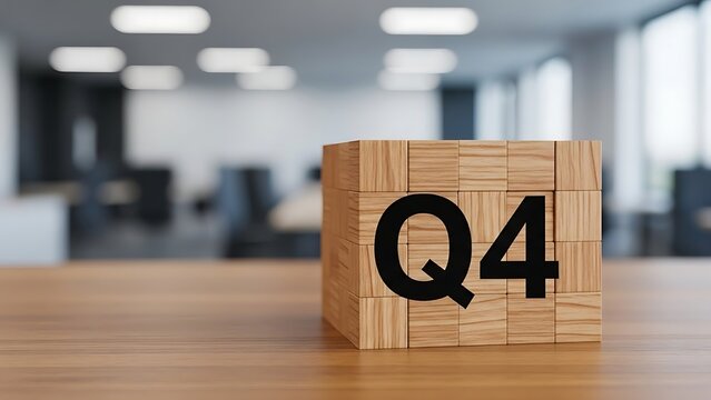 Wooden blocks spelling Q4 on office desk