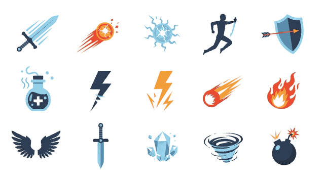 Diverse Collection of Fantasy Game Icons Featuring Weapons Magic Spells and Combat Elements.