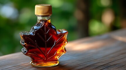 Maple syrup bottle in leaf shape on wooden surface with blurred background
