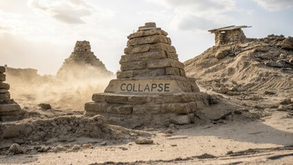 Weathered stone formations precariously stacked with the word COLLAPSE engraved in the desert landscape.