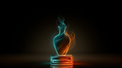 Abstract depiction of colorful smoke swirling from a glass base in a dark environment