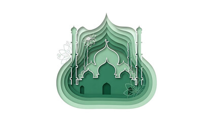 Minimalist papercut Islamic illustration with layered mosque forms, domes and towers, soft green gradients
