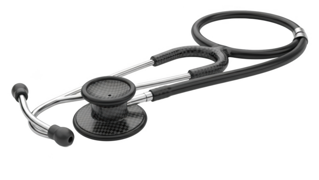 Black carbon fiber stethoscope with silver accents on black background medical equipment healthcare - Powered by Adobe
