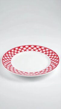 Empty white dinner plate with bright red checkered border pattern displayed on clean white surface, minimalist, elegant, isolated