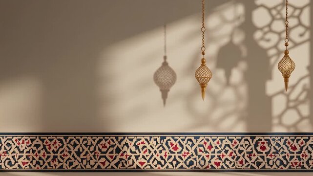 Decorative hanging lanterns and patterned border in warm light video.