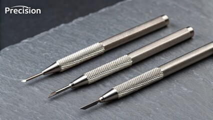 Three finely honed metallic tools with knurled handles, laid out precisely on a dark stone surface for detailed work.