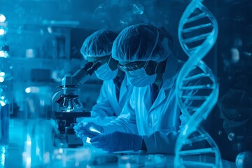 Two scientists in lab coats and masks examine a sample under a microscope in a laboratory with a DNA helix model nearby