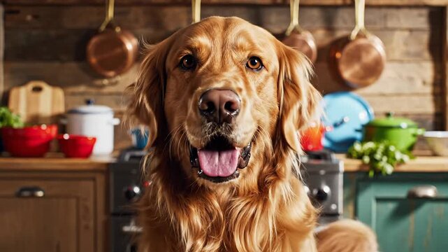 A delightful Golden Retriever with a cheerful, expressive gaze, eagerly awaits a treat in a well-appointed, rustic home kitchen setting