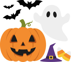 Naklejka premium Simple Flat Halloween Icon Set with Pumpkin Ghost Bat and Candy Corn