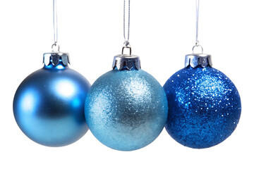 Three shimmering blue christmas ornaments hanging from silver threads on transparent background high quality professional