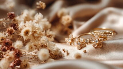 Gold jewelry and dried flowers