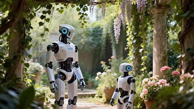Two robots in a garden setting