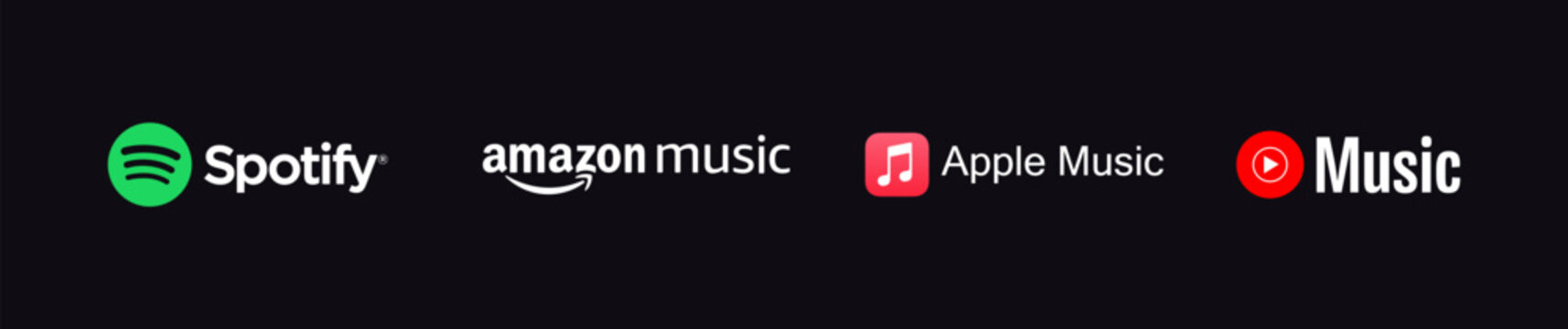 Popular music streaming servise company logo set. Amazon music, apple music, youtube music, spotify.