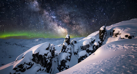 A breathtaking snowy mountain landscape under a starry night sky with the Milky Way and aurora borealis