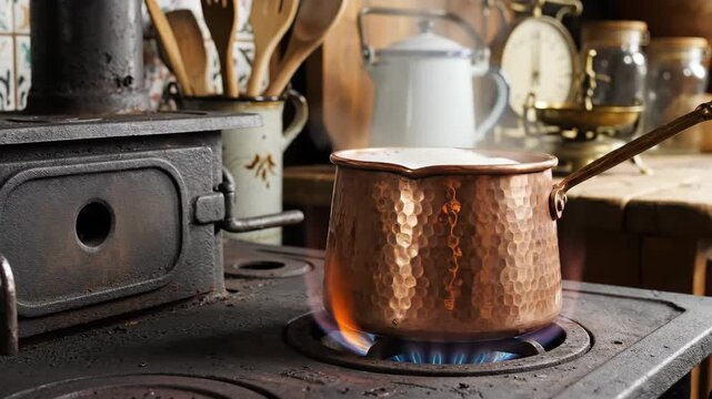 In a cozy kitchen filled with character, a beautiful copper pot simmers over a vintage stove, flames dancing beneath it, creating a scene full of warmth and culinary creativity.