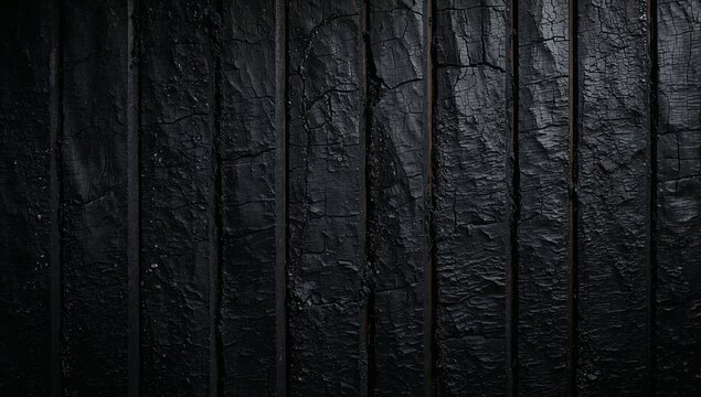 Detailed Shou Sugi Ban Charred Wood Texture, Deep Black Burnt Timber Cladding with Cracks and Silver Ash Highlights
