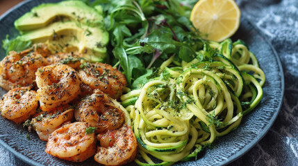 Healthy shrimp zucchini noodles with avocado and fresh greens on plate.