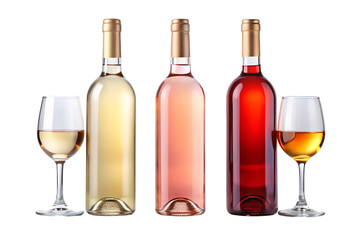 Three bottles of wine in varying shades alongside two wine glasses on transparent background