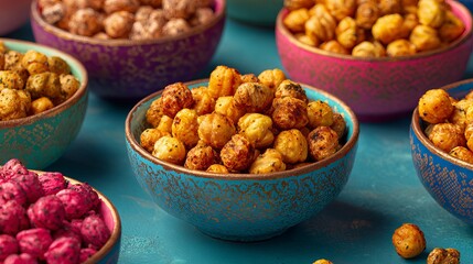 Colorful bowls of roasted chickpeas and dried fruits on a vibrant blue background