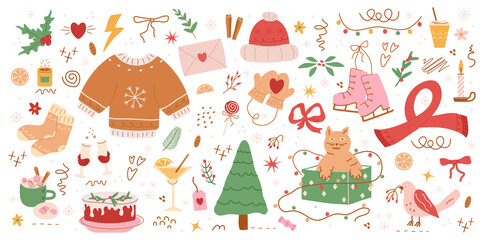 Retro vintage, concept winter, pattern, Fir tree, stars, dots, snow,  line drawing. Holiday design elements are isolated on pink background. Simple shape conceptfor winter season cards, for  party png