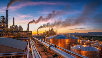Obraz premium Palm Oil Industrial petrochemical plant emitting smoke at dramatic sunset