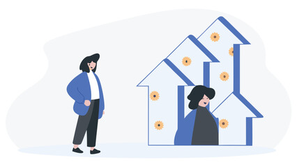 Fototapeta premium Conceptual illustration of two women standing next to growing house symbols with flowers