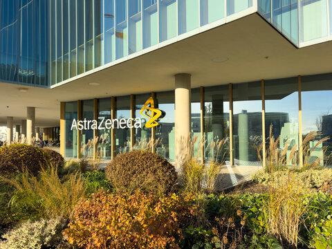 Cambridge, England - December 03, 2025: Entrance to AstraZeneca. It is a British-Swedish multinational pharmaceutical and biotechnology company with headquarters at the Cambridge Biomedical Campus.