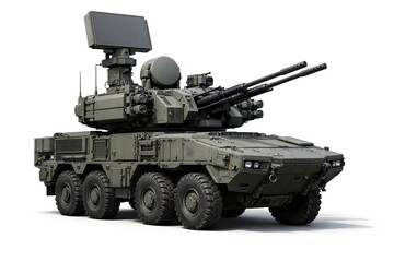 Fototapeta premium Mobile Air Defense Autocannon System on Armored Vehicle – 3D Render