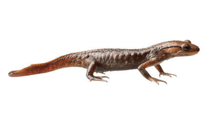 A close-up of a brown and orange salamander on a white background, showcasing its smooth skin and detailed texture on a transparent background.