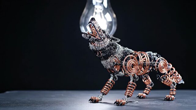 Robotic Wire Wolf Sculpture Howling Under Light Bulb in Stop Motion