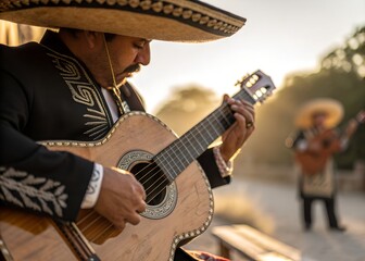 Mariachi Musician Playing Guitar in Golden Hour Light