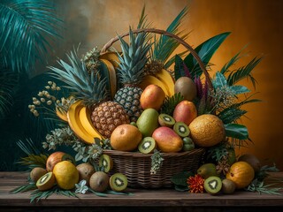A woven basket overflows with an abundant assortment of fresh tropical fruits and lush foliage. This vibrant and healthy display is set against a warm, gradient background.